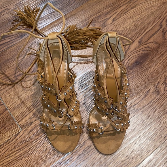 Faux Suede Fringed Chunky Heels - Picture 3 of 5